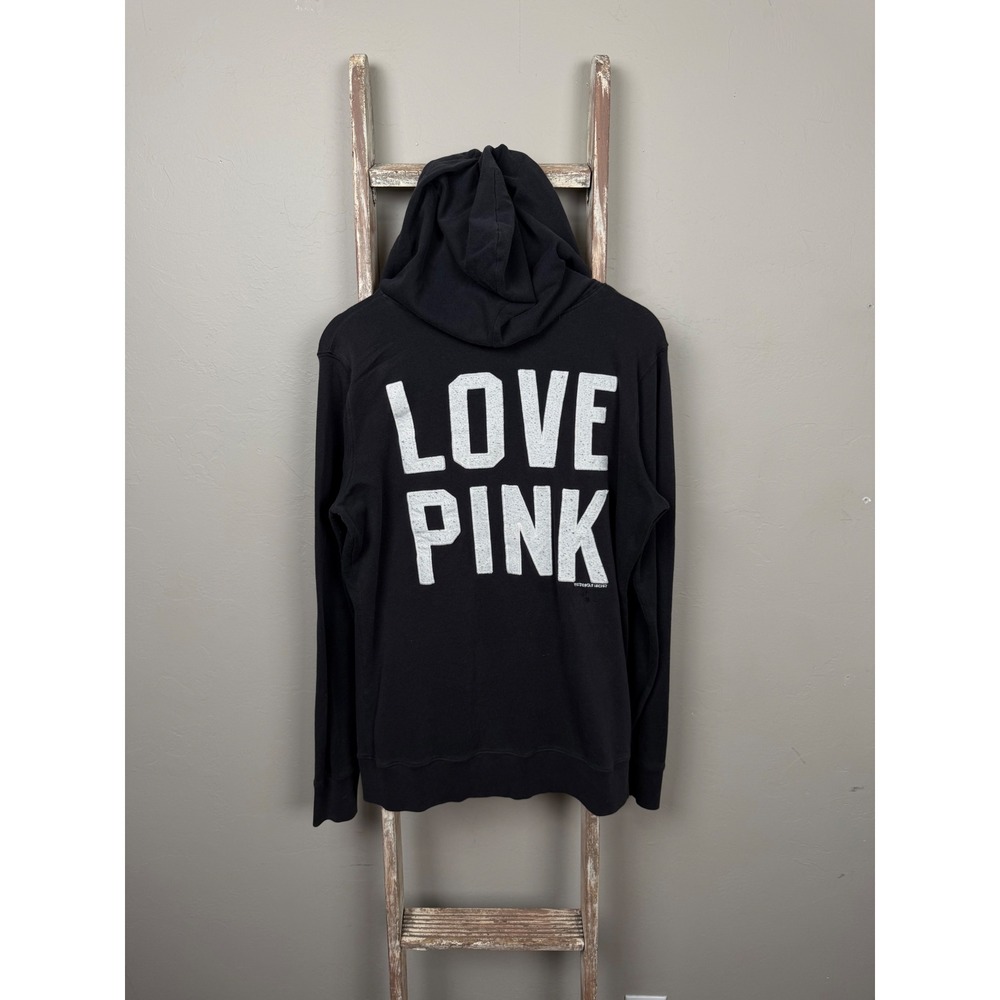 Vntg Pink Victoria Secret Black Spellout Zip Hoodie size Medium